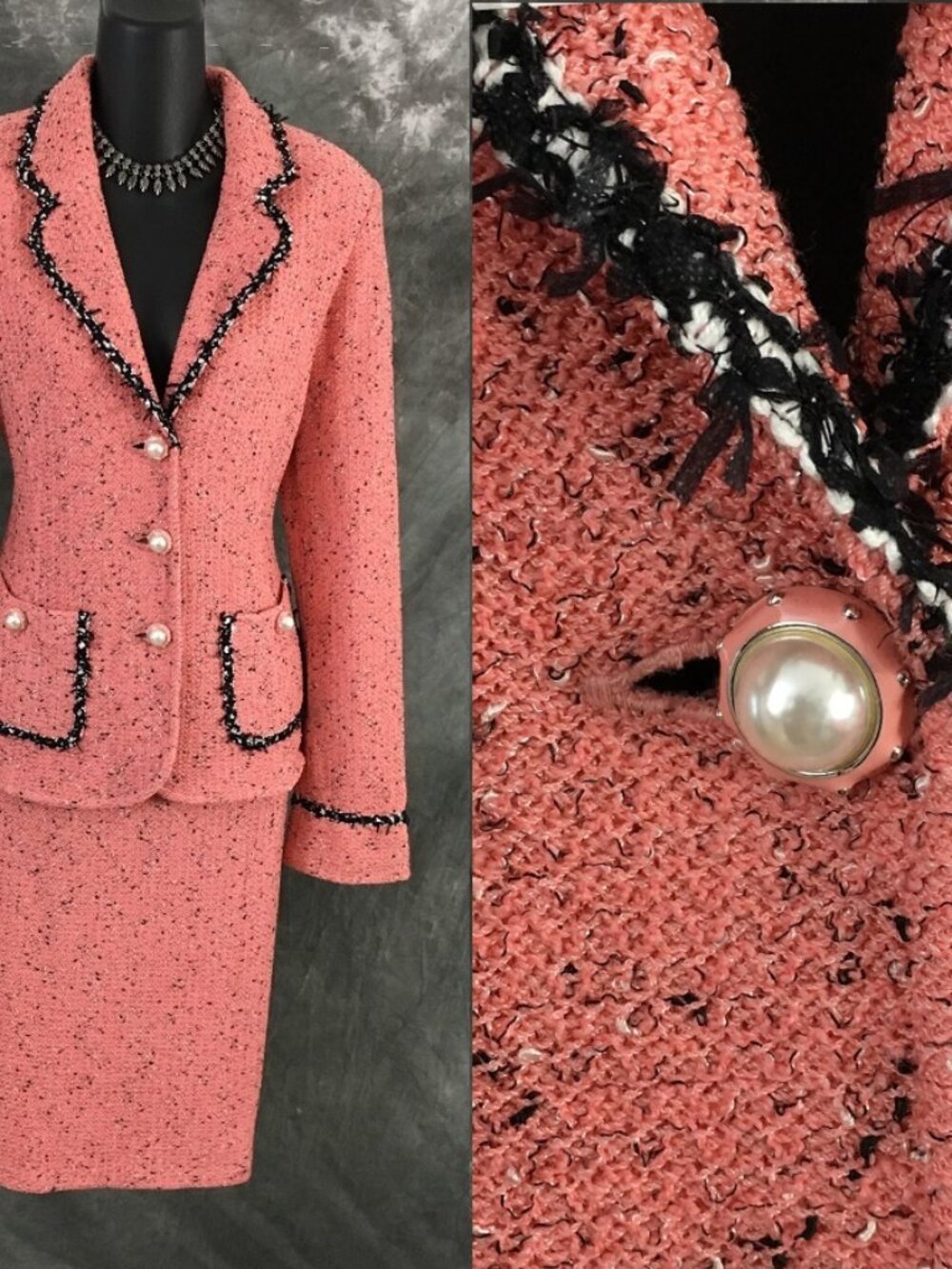 NWT NEW BEAUTIFUL St John knit nectar black white pearl jacket skirt suit 8 10
